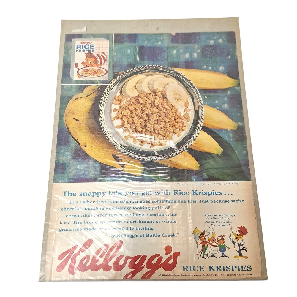 Vintage 1958 Kelloggs Rice Krispies Print Ad Snap Crackle Pop Bananas Cereal Art